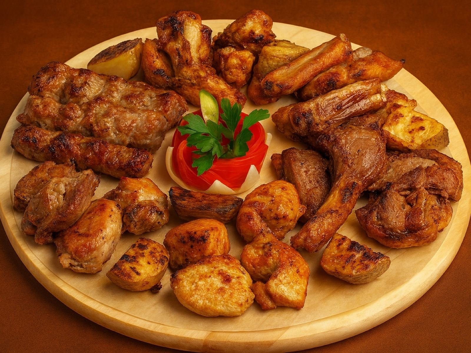 Mixed kebab platter with grilled meats and roasted potatoes