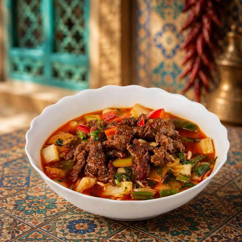 Lagman noodle soup with beef and vegetables
